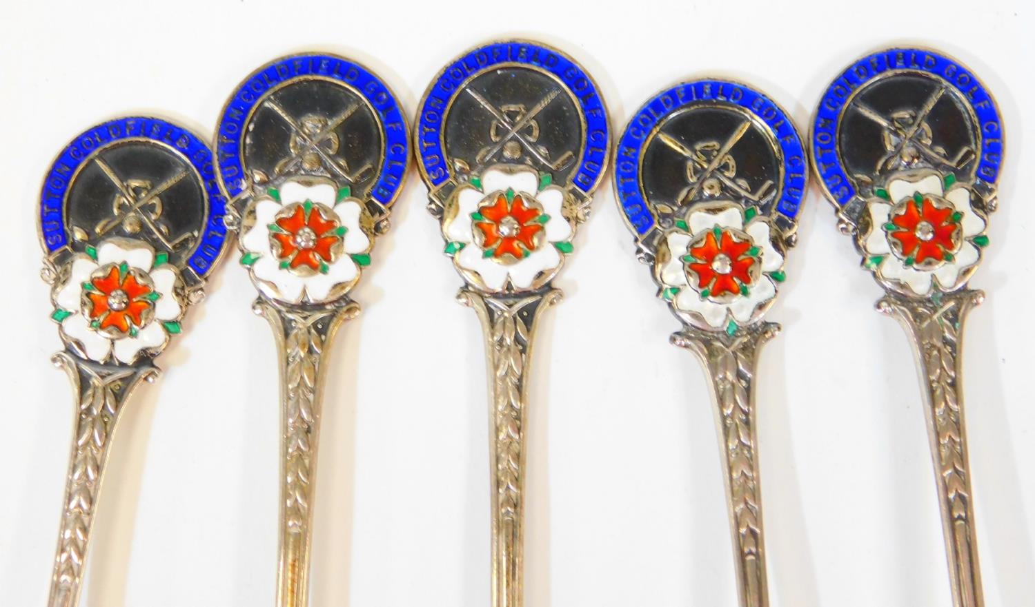 A set of five Elizabeth II silver and enamel golfing teaspoons, set with floral heads for Sutton Col - Image 2 of 4