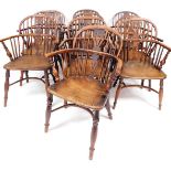 A Harlequin set of ten 19thC low back yew and elm Windsor chairs, each with pierced Nottinghamshire