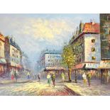 20thC Paris School. Street scene, figures on a summers day, oil on canvas, 60cm x 91cm.