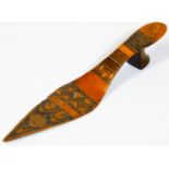 A 19thC olive wood and Tunbridge ware paper knife, modelled in the form of a lady's shoe (AF), 20cm