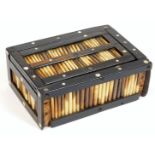 A late 19thC porcupine quill card box, of rectangular form with articulated lid, 12cm W, containing