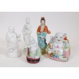 Various Chinese figures, a figure of Buddha surrounded by many children, partially decorated in gree