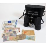 Various world used bank notes, to include 1000 Mil Cruzadus, etc. and a pair of Pathescope binocular