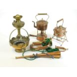 Various copper, early 20thC spirit kettle on stand, 30cm H, bugle, horn, miniature bugle, etc. (a qu