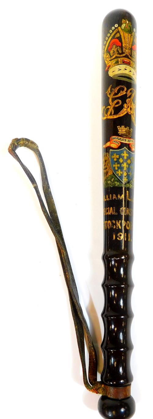 A George V policeman's truncheon, marked William Lloyd Special Constable Stockport 1911, painted wit