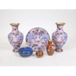 Various late cloisonne, to include a pair of vases, each of bellied circular form, profusely decorat