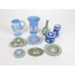 A collection of Jasper ware, Wedgwood and others, to include a cylindrical dark blue vase, 10cm H, r