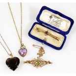 A small selection of Victorian and later jewellery, comprising a floral bar brooch, with central set