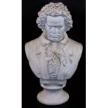 A plaster bust of Beethoven, on socle base, unmarked, 45cm H