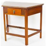A mid 20thC mahogany side table, of angular form with drawer to the frieze, on shaped legs joined by