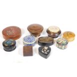 Various treen, a circular box decorated with flowers, 12cm Dia., various other boxes, etc. (a quant