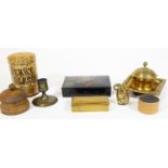 Various metalware, bygones, collectables, etc. a hammered brass stamp case with three sectional int