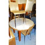 A circular slatted table and four beech chairs with chrome finish legs, etc.