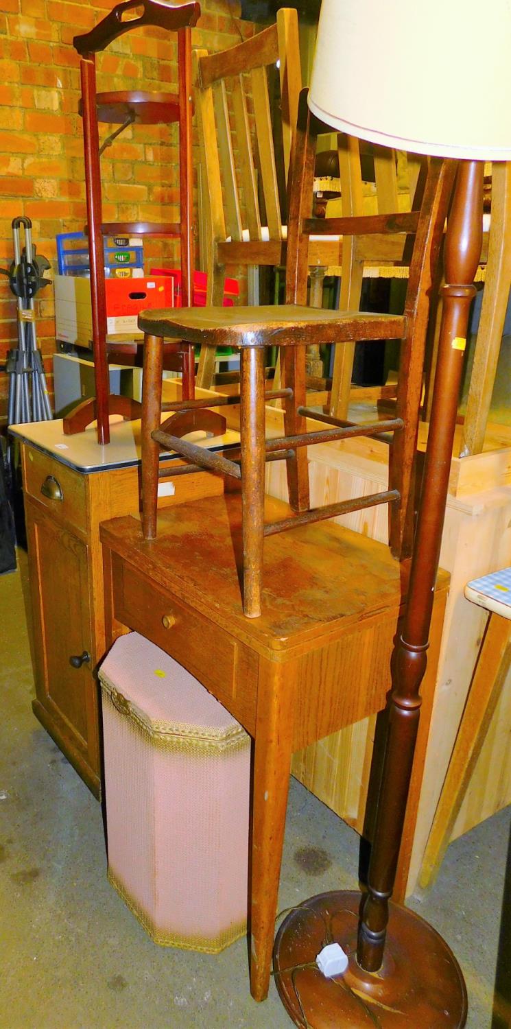 Sundry furniture, oak pot cupboard with Melamine top, Lloyd Loom style towel box, standard lamp, sch