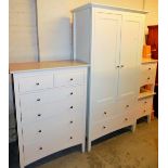 Various modern white decorated bedroom furniture, two door wardrobe, compactum chest of two short an