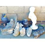 Various garden ornaments, reconstituted stone, metal pig, bird of prey, etc. (a quantity)