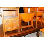 An oak open cabinet, miniature drop leaf table and side table.