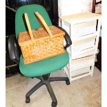 A wicker style hamper, bathroom storage unit, office chair. (a quantity)