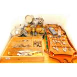 Various plated and other cutlery, metalware, dishes, cutlery, wooden folding ruler, souvenir spoons