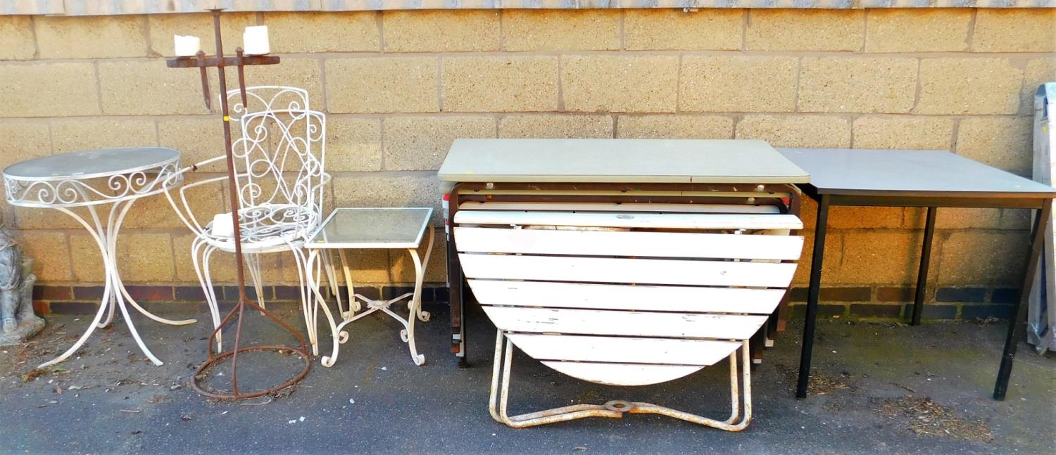 Wire work metal chairs and matching table, folding Sutherland style patio table, various stacking ta