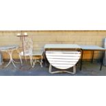 Wire work metal chairs and matching table, folding Sutherland style patio table, various stacking ta