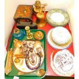 Silver plated ware, brass ware etc, thermometer, bell, iron, candlestick, various plates, etc. (a qu