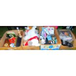 Barometer, mantel clock, soft toys, electrical items, kettle, East Dean house sign, etc. (4 boxes a