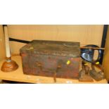A hand posher, two flat irons and a metal cased storage chest with contents. (1 shelf)