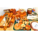 Various mantel clocks, book ends, treen, juggling skittles, dumbbells, wicker ware, oak biscuit barr