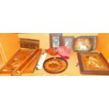 Bygones and effects, early 20thC oak tray, hanging pegs, 19cm L, cribbage board, mirrors, pictures,