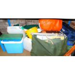 A cool box, fishing equipment, fishing tackle boxes, various other associated items, plastic caniste