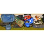 Sporting equipment, Foot-joy golf shoes, some with Crockett Jones Lasts, badminton rackets, weights,