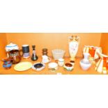 Decorative china, pottery, Torquay ware, two handled vase, pottery jelly mould, copper lustre ware,