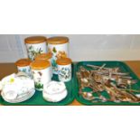 Various storage jars, Portmeirion and other and a quantity of community plated cutlery. (2 trays)