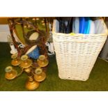 Wicker, trays, light fittings, basket, etc. (a quantity)