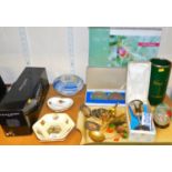 Decorative china, boxed Cole and Mason cruet sets, brass ware to include dog, glass bowl, Harrods bo