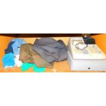Various clothing, a suit, tweed jacket, child's clothes and a electric till, etc. (1 shelf)