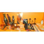 Various Eastern items, ebonised African tribal style figures, elephant group, pictures, prints, coop