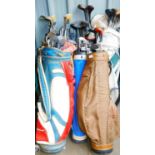 A quantity of golf bags and clubs, to include a Golden Goose by John Letters of Scotland leather gol