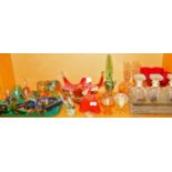 Decorative glassware, Mtarfa and others, glass figure of a ballerina, cockerel, handkerchief vases,
