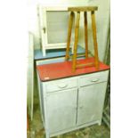 Various vintage kitchen items, meat safe, stool, side cabinet, another in blue, etc. (a quantity)