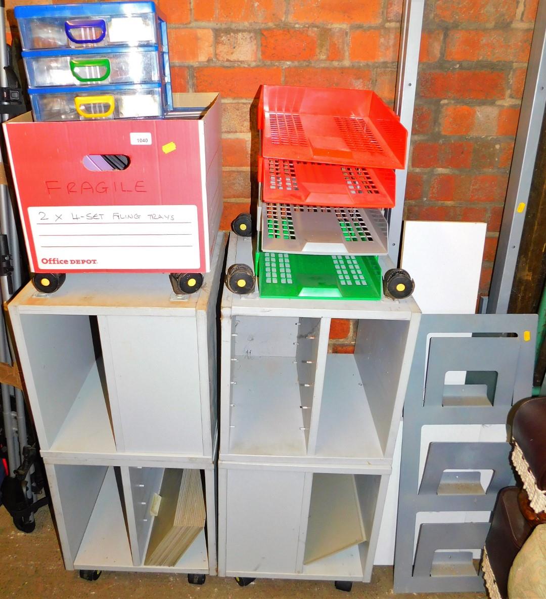 Pigeon holes, plastic filing drawers, etc. (a quantity)