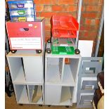 Pigeon holes, plastic filing drawers, etc. (a quantity)