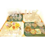 Glassware, paperweights, various Preston molded glassware vases, jelly mould, etc. (4 trays)