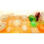 Various glassware, serving pieces, bowls, celery vase, footed bowl, green glassware, vintage and oth