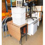 Various furniture, melamine drop leaf table, towel box, folding chairs, desk, office stools and chai