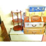 Various vintage travel cases, three tier stand, Lloyd Loom style towel box, etc.