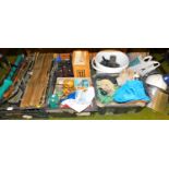 Various tools, bits, hand saws, tins, face mask, glue gun, etc. (a quantity)