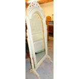 A painted cheval mirror, with shaped top.