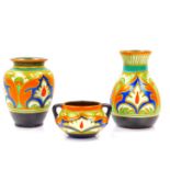 Two Gouda Pottery vases, decorated in the Ali pattern, Nos 562 and 1269, 13.5cm H and 15.5cm H,